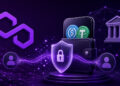 Ilustración futurista en formato 16:9 sobre pagos confidenciales en blockchain: logo de Polygon, billetera digital con monedas estables, escudo de seguridad y red descentralizada en tonos púrpura, representando privacidad, transferencias protegidas y tecnología de conocimiento cero.