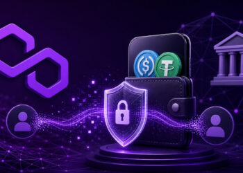 Ilustración futurista en formato 16:9 sobre pagos confidenciales en blockchain: logo de Polygon, billetera digital con monedas estables, escudo de seguridad y red descentralizada en tonos púrpura, representando privacidad, transferencias protegidas y tecnología de conocimiento cero.