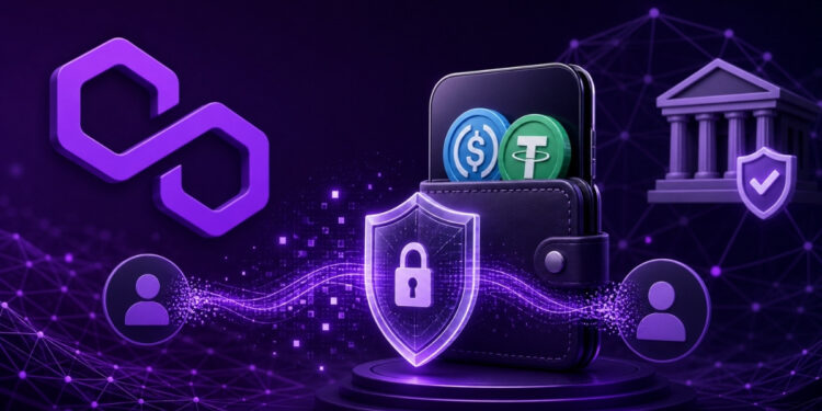 Ilustración futurista en formato 16:9 sobre pagos confidenciales en blockchain: logo de Polygon, billetera digital con monedas estables, escudo de seguridad y red descentralizada en tonos púrpura, representando privacidad, transferencias protegidas y tecnología de conocimiento cero.