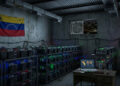 sala con mineros de bitcoin y la bandera de Venezuela en una pared.