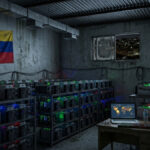 sala con mineros de bitcoin y la bandera de Venezuela en una pared.