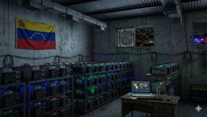sala con mineros de bitcoin y la bandera de Venezuela en una pared.