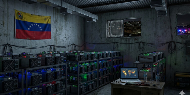 sala con mineros de bitcoin y la bandera de Venezuela en una pared.