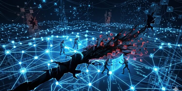 Una representación visual de una red descentralizada en un espacio digital oscuro, compuesta por nodos brillantes de color azul cian interconectados por líneas de luz. Una gran grieta oscura y orgánica atraviesa el centro de la red, simbolizando el exploit que afectó las ofertas activas. Dentro de esta brecha, algunos nodos se tornan de un color rojo intenso, representando la vulnerabilidad aprovechada. Alrededor de la fractura, varias figuras humanoides digitales con trajes técnicos trabajan activamente utilizando pantallas de luz flotantes y herramientas de energía para reparar el tejido de la red y contener el daño, reflejando las medidas de emergencia y el desarrollo del hotfix por parte del equipo de Bisq. La composición en formato 16:9 evoca una atmósfera de crisis técnica bajo control en un entorno de alta tecnología.