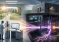 Ilustración que muestra el contraste entre la investigación pública de computación cuántica en un laboratorio y el desarrollo de un computador cuántico relevante para la criptografía (CRQC) clasificado como secreto de Estado en un búnker militar.