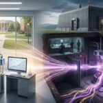 Ilustración que muestra el contraste entre la investigación pública de computación cuántica en un laboratorio y el desarrollo de un computador cuántico relevante para la criptografía (CRQC) clasificado como secreto de Estado en un búnker militar.
