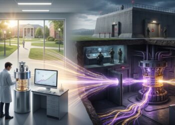 Ilustración que muestra el contraste entre la investigación pública de computación cuántica en un laboratorio y el desarrollo de un computador cuántico relevante para la criptografía (CRQC) clasificado como secreto de Estado en un búnker militar.