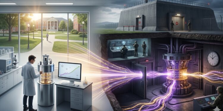 Ilustración que muestra el contraste entre la investigación pública de computación cuántica en un laboratorio y el desarrollo de un computador cuántico relevante para la criptografía (CRQC) clasificado como secreto de Estado en un búnker militar.