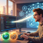 Una ilustración digital en formato panorámico (16:9) que muestra a un desarrollador de software trabajando en un entorno moderno y tecnológico. La imagen simboliza la integración del lenguaje Java con el ecosistema blockchain de Cardano.