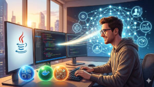 Una ilustración digital en formato panorámico (16:9) que muestra a un desarrollador de software trabajando en un entorno moderno y tecnológico. La imagen simboliza la integración del lenguaje Java con el ecosistema blockchain de Cardano.