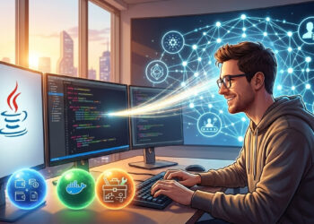 Una ilustración digital en formato panorámico (16:9) que muestra a un desarrollador de software trabajando en un entorno moderno y tecnológico. La imagen simboliza la integración del lenguaje Java con el ecosistema blockchain de Cardano.