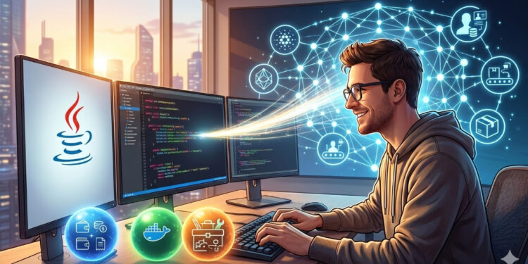 Una ilustración digital en formato panorámico (16:9) que muestra a un desarrollador de software trabajando en un entorno moderno y tecnológico. La imagen simboliza la integración del lenguaje Java con el ecosistema blockchain de Cardano.