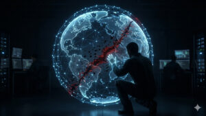 Ilustración conceptual de una vulnerabilidad de seguridad en la red Bitcoin: un globo terráqueo digital con una grieta de datos roja siendo inspeccionada por un desarrollador en un entorno de ciberseguridad.