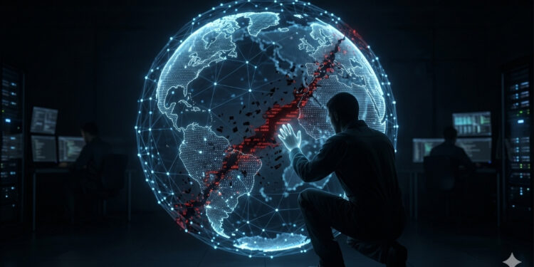 Ilustración conceptual de una vulnerabilidad de seguridad en la red Bitcoin: un globo terráqueo digital con una grieta de datos roja siendo inspeccionada por un desarrollador en un entorno de ciberseguridad.