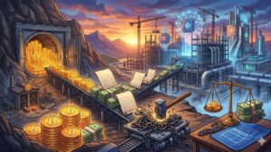 Infografรญa conceptual de MARA Holdings que ilustra la liquidaciรณn de reservas de Bitcoin para la recompra de bonos convertibles y reducciรณn de deuda en 2026. La imagen muestra la transiciรณn estratรฉgica de la empresa minera desde las reservas de BTC hacia la inversiรณn en infraestructura de Inteligencia Artificial (IA) y computaciรณn de alto rendimiento. Se incluyen elementos visuales de minerรญa digital, desapalancamiento financiero y construcciรณn de centros de datos tecnolรณgicos.
