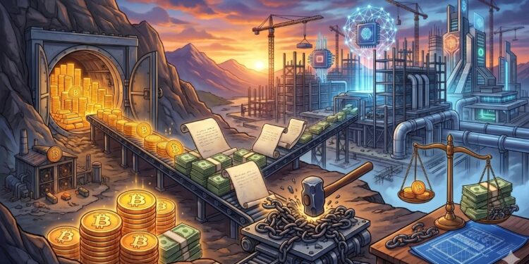 Infografía conceptual de MARA Holdings que ilustra la liquidación de reservas de Bitcoin para la recompra de bonos convertibles y reducción de deuda en 2026. La imagen muestra la transición estratégica de la empresa minera desde las reservas de BTC hacia la inversión en infraestructura de Inteligencia Artificial (IA) y computación de alto rendimiento. Se incluyen elementos visuales de minería digital, desapalancamiento financiero y construcción de centros de datos tecnológicos.