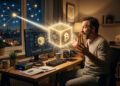 Una ilustración fotorrealista muestra a un hombre de mediana edad, exultante y sorprendido, en su oficina en casa por la noche. Está mirando con asombro un cubo holográfico brillante y dorado que flota frente a él, el cual muestra el símbolo de Bitcoin (₿) y datos digitales. Un rayo de luz conecta el cubo a una gran red de nodos holográficos que se extiende sobre un paisaje urbano nocturno a través de la ventana. Su escritorio está lleno de hardware de minería de criptomonedas, incluyendo máquinas ASIC, un router y un ordenador con un monitor que muestra software de minería, todo confirmando el exitoso "descubrimiento del bloque" de Bitcoin.