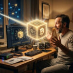 Una ilustración fotorrealista muestra a un hombre de mediana edad, exultante y sorprendido, en su oficina en casa por la noche. Está mirando con asombro un cubo holográfico brillante y dorado que flota frente a él, el cual muestra el símbolo de Bitcoin (₿) y datos digitales. Un rayo de luz conecta el cubo a una gran red de nodos holográficos que se extiende sobre un paisaje urbano nocturno a través de la ventana. Su escritorio está lleno de hardware de minería de criptomonedas, incluyendo máquinas ASIC, un router y un ordenador con un monitor que muestra software de minería, todo confirmando el exitoso "descubrimiento del bloque" de Bitcoin.