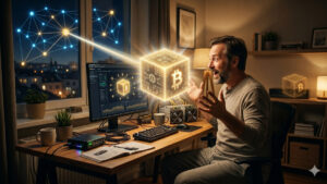 Una ilustración fotorrealista muestra a un hombre de mediana edad, exultante y sorprendido, en su oficina en casa por la noche. Está mirando con asombro un cubo holográfico brillante y dorado que flota frente a él, el cual muestra el símbolo de Bitcoin (₿) y datos digitales. Un rayo de luz conecta el cubo a una gran red de nodos holográficos que se extiende sobre un paisaje urbano nocturno a través de la ventana. Su escritorio está lleno de hardware de minería de criptomonedas, incluyendo máquinas ASIC, un router y un ordenador con un monitor que muestra software de minería, todo confirmando el exitoso "descubrimiento del bloque" de Bitcoin.