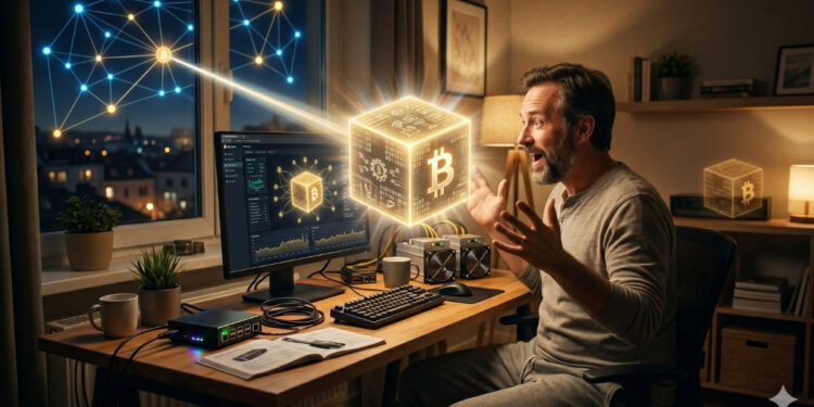 Una ilustración fotorrealista muestra a un hombre de mediana edad, exultante y sorprendido, en su oficina en casa por la noche. Está mirando con asombro un cubo holográfico brillante y dorado que flota frente a él, el cual muestra el símbolo de Bitcoin (₿) y datos digitales. Un rayo de luz conecta el cubo a una gran red de nodos holográficos que se extiende sobre un paisaje urbano nocturno a través de la ventana. Su escritorio está lleno de hardware de minería de criptomonedas, incluyendo máquinas ASIC, un router y un ordenador con un monitor que muestra software de minería, todo confirmando el exitoso "descubrimiento del bloque" de Bitcoin.