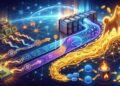 Ilustración conceptual del ecosistema Qubic que muestra la minería de Monero (XMR) con CPU frente a la minería de Dogecoin (DOGE) con ASIC e integración de IA.