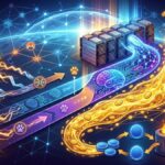 Ilustración conceptual del ecosistema Qubic que muestra la minería de Monero (XMR) con CPU frente a la minería de Dogecoin (DOGE) con ASIC e integración de IA.