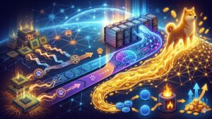 Ilustración conceptual del ecosistema Qubic que muestra la minería de Monero (XMR) con CPU frente a la minería de Dogecoin (DOGE) con ASIC e integración de IA.