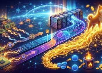 Ilustración conceptual del ecosistema Qubic que muestra la minería de Monero (XMR) con CPU frente a la minería de Dogecoin (DOGE) con ASIC e integración de IA.