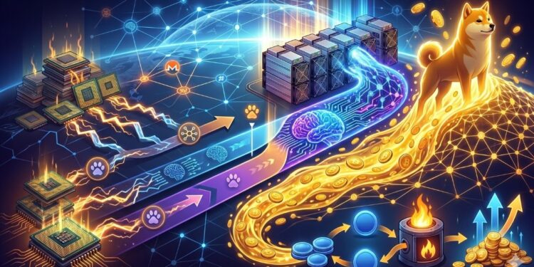 Ilustración conceptual del ecosistema Qubic que muestra la minería de Monero (XMR) con CPU frente a la minería de Dogecoin (DOGE) con ASIC e integración de IA.