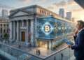 Una ilustración conceptual en formato panorámico (16:9) que muestra la integración de la tecnología financiera moderna en la banca tradicional. A la izquierda, se observa un imponente edificio bancario de arquitectura clásica con columnas de mármol y banderas de Estados Unidos. Adosado a este edificio, se aprecia una estructura moderna de cristal transparente que funciona como un "sidecar", iluminada con circuitos digitales de color azul y un brillante símbolo de Bitcoin en el centro. Dentro de esta estructura tecnológica, flotan varios iconos que representan servicios financieros digitales: una balanza (regulación), un intercambio de monedas, un rayo (Lightning Network) y una caja fuerte (custodia). En primer plano a la derecha, un ejecutivo vestido de traje observa la escena desde un balcón mientras sostiene una tableta que muestra gráficos de análisis de riesgo y datos financieros. El ambiente general, bañado por la luz del atardecer en una ciudad moderna, transmite una sensación de evolución tecnológica segura y profesional dentro del sector financiero.