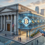 Una ilustración conceptual en formato panorámico (16:9) que muestra la integración de la tecnología financiera moderna en la banca tradicional. A la izquierda, se observa un imponente edificio bancario de arquitectura clásica con columnas de mármol y banderas de Estados Unidos. Adosado a este edificio, se aprecia una estructura moderna de cristal transparente que funciona como un "sidecar", iluminada con circuitos digitales de color azul y un brillante símbolo de Bitcoin en el centro. Dentro de esta estructura tecnológica, flotan varios iconos que representan servicios financieros digitales: una balanza (regulación), un intercambio de monedas, un rayo (Lightning Network) y una caja fuerte (custodia). En primer plano a la derecha, un ejecutivo vestido de traje observa la escena desde un balcón mientras sostiene una tableta que muestra gráficos de análisis de riesgo y datos financieros. El ambiente general, bañado por la luz del atardecer en una ciudad moderna, transmite una sensación de evolución tecnológica segura y profesional dentro del sector financiero.