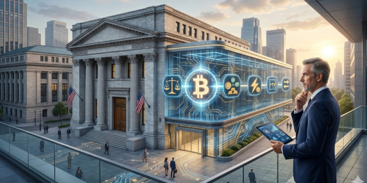 Una ilustración conceptual en formato panorámico (16:9) que muestra la integración de la tecnología financiera moderna en la banca tradicional. A la izquierda, se observa un imponente edificio bancario de arquitectura clásica con columnas de mármol y banderas de Estados Unidos. Adosado a este edificio, se aprecia una estructura moderna de cristal transparente que funciona como un "sidecar", iluminada con circuitos digitales de color azul y un brillante símbolo de Bitcoin en el centro. Dentro de esta estructura tecnológica, flotan varios iconos que representan servicios financieros digitales: una balanza (regulación), un intercambio de monedas, un rayo (Lightning Network) y una caja fuerte (custodia). En primer plano a la derecha, un ejecutivo vestido de traje observa la escena desde un balcón mientras sostiene una tableta que muestra gráficos de análisis de riesgo y datos financieros. El ambiente general, bañado por la luz del atardecer en una ciudad moderna, transmite una sensación de evolución tecnológica segura y profesional dentro del sector financiero.