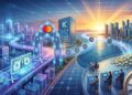 Ilustración conceptual de una transacción piloto transfronteriza que conecta el XRP Ledger con rieles de liquidación interbancaria tradicionales de J.P. Morgan y Mastercard. Muestra la integración de Ondo Finance, Kinexys Onyx y Mastercard MTN para la tokenización de activos del mundo real (RWA). Un puente de datos conecta una ciudad digital con el horizonte de Singapur, simbolizando liquidación en tiempo real y mercados globales 24/7.