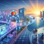 Ilustración conceptual de una transacción piloto transfronteriza que conecta el XRP Ledger con rieles de liquidación interbancaria tradicionales de J.P. Morgan y Mastercard. Muestra la integración de Ondo Finance, Kinexys Onyx y Mastercard MTN para la tokenización de activos del mundo real (RWA). Un puente de datos conecta una ciudad digital con el horizonte de Singapur, simbolizando liquidación en tiempo real y mercados globales 24/7.