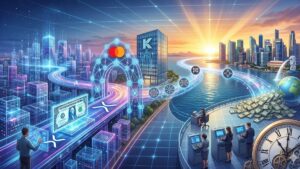 Ilustraciรณn conceptual de una transacciรณn piloto transfronteriza que conecta el XRP Ledger con rieles de liquidaciรณn interbancaria tradicionales de J.P. Morgan y Mastercard. Muestra la integraciรณn de Ondo Finance, Kinexys Onyx y Mastercard MTN para la tokenizaciรณn de activos del mundo real (RWA). Un puente de datos conecta una ciudad digital con el horizonte de Singapur, simbolizando liquidaciรณn en tiempo real y mercados globales 24/7.