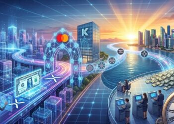 Ilustración conceptual de una transacción piloto transfronteriza que conecta el XRP Ledger con rieles de liquidación interbancaria tradicionales de J.P. Morgan y Mastercard. Muestra la integración de Ondo Finance, Kinexys Onyx y Mastercard MTN para la tokenización de activos del mundo real (RWA). Un puente de datos conecta una ciudad digital con el horizonte de Singapur, simbolizando liquidación en tiempo real y mercados globales 24/7.