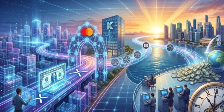 Ilustración conceptual de una transacción piloto transfronteriza que conecta el XRP Ledger con rieles de liquidación interbancaria tradicionales de J.P. Morgan y Mastercard. Muestra la integración de Ondo Finance, Kinexys Onyx y Mastercard MTN para la tokenización de activos del mundo real (RWA). Un puente de datos conecta una ciudad digital con el horizonte de Singapur, simbolizando liquidación en tiempo real y mercados globales 24/7.