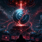 Ilustración futurista en formato 16:9 de una stablecoin fracturada bajo un ataque digital, con redes financieras interconectadas colapsando y una figura controlando sistemas desde la sombra, representando el riesgo sistémico de la computación cuántica en criptomonedas.