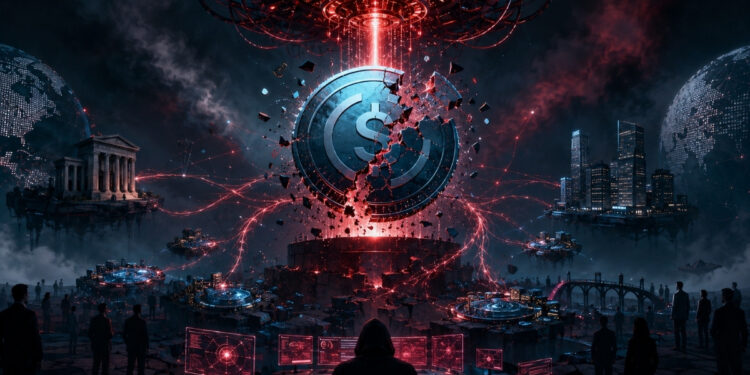 Ilustración futurista en formato 16:9 de una stablecoin fracturada bajo un ataque digital, con redes financieras interconectadas colapsando y una figura controlando sistemas desde la sombra, representando el riesgo sistémico de la computación cuántica en criptomonedas.