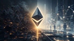 logotipo de Ethereum en medio de un paisaje surrealista de nodos