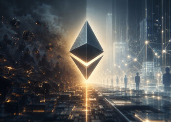 logotipo de Ethereum en medio de un paisaje surrealista de nodos