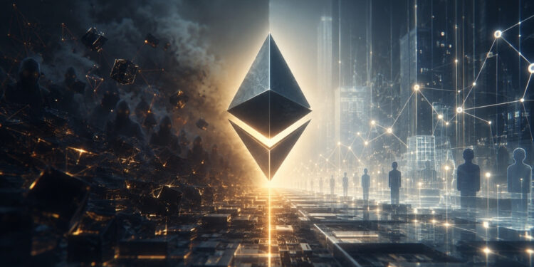 logotipo de Ethereum en medio de un paisaje surrealista de nodos