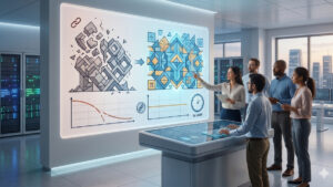 Una fotografía en formato 16:9 de un grupo de cinco investigadores multiculturales en una sala de servidores de alta tecnología. Están reunidos frente a una gran pantalla interactiva iluminada que muestra un concepto de transición criptográfica. En el lado izquierdo de la pantalla, un gráfico lineal descendente y una estructura de cubos grises entrelazados se desmorona, simbolizando la caída del sistema anterior. Una flecha apunta hacia el lado derecho, donde se muestra una estructura geométrica perfectamente ordenada, sólida y simétrica de color azul y oro con símbolos matemáticos, que representa el nuevo verificador basado en certezas robustas. Abajo, un gráfico con una línea recta estable y un reloj con la inscripción "by 2029" reflejan la estabilidad de costos y la meta temporal de la red. Una investigadora señala la nueva estructura mientras sus colegas observan y analizan los datos desde una mesa de control táctil en primer plano. No hay palabras escritas en la imagen, solo símbolos abstractos y números.