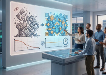 Una fotografía en formato 16:9 de un grupo de cinco investigadores multiculturales en una sala de servidores de alta tecnología. Están reunidos frente a una gran pantalla interactiva iluminada que muestra un concepto de transición criptográfica. En el lado izquierdo de la pantalla, un gráfico lineal descendente y una estructura de cubos grises entrelazados se desmorona, simbolizando la caída del sistema anterior. Una flecha apunta hacia el lado derecho, donde se muestra una estructura geométrica perfectamente ordenada, sólida y simétrica de color azul y oro con símbolos matemáticos, que representa el nuevo verificador basado en certezas robustas. Abajo, un gráfico con una línea recta estable y un reloj con la inscripción "by 2029" reflejan la estabilidad de costos y la meta temporal de la red. Una investigadora señala la nueva estructura mientras sus colegas observan y analizan los datos desde una mesa de control táctil en primer plano. No hay palabras escritas en la imagen, solo símbolos abstractos y números.