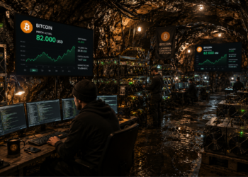 Mineros de Bitcoin trabajando en una cueva.