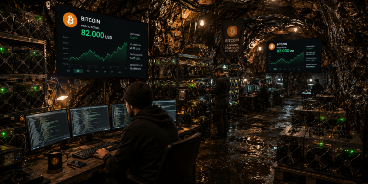 Mineros de Bitcoin trabajando en una cueva.