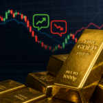Lingotes de oro apilados frente a gráfico financiero con velas rojas y verdes, reflejando volatilidad y reciente caída del precio.