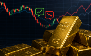 Lingotes de oro apilados frente a gráfico financiero con velas rojas y verdes, reflejando volatilidad y reciente caída del precio.