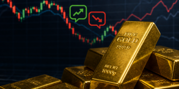 Lingotes de oro apilados frente a gráfico financiero con velas rojas y verdes, reflejando volatilidad y reciente caída del precio.