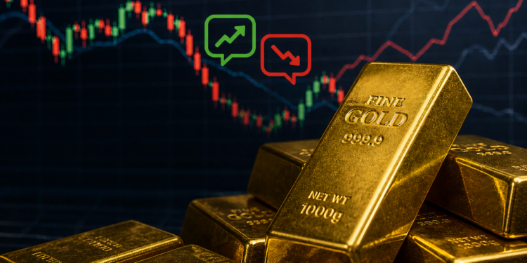 Lingotes de oro apilados frente a gráfico financiero con velas rojas y verdes, reflejando volatilidad y reciente caída del precio.